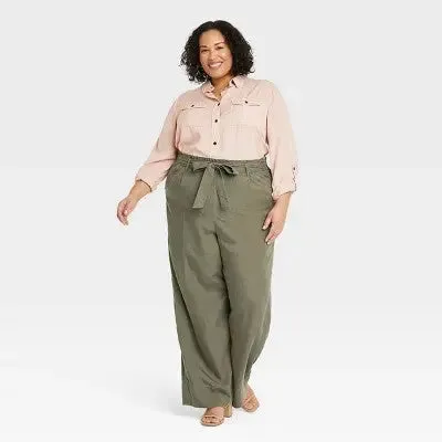 Knox Rose Womens Plus High Rise Regular Fit Full Wide Leg Pants Lightweight