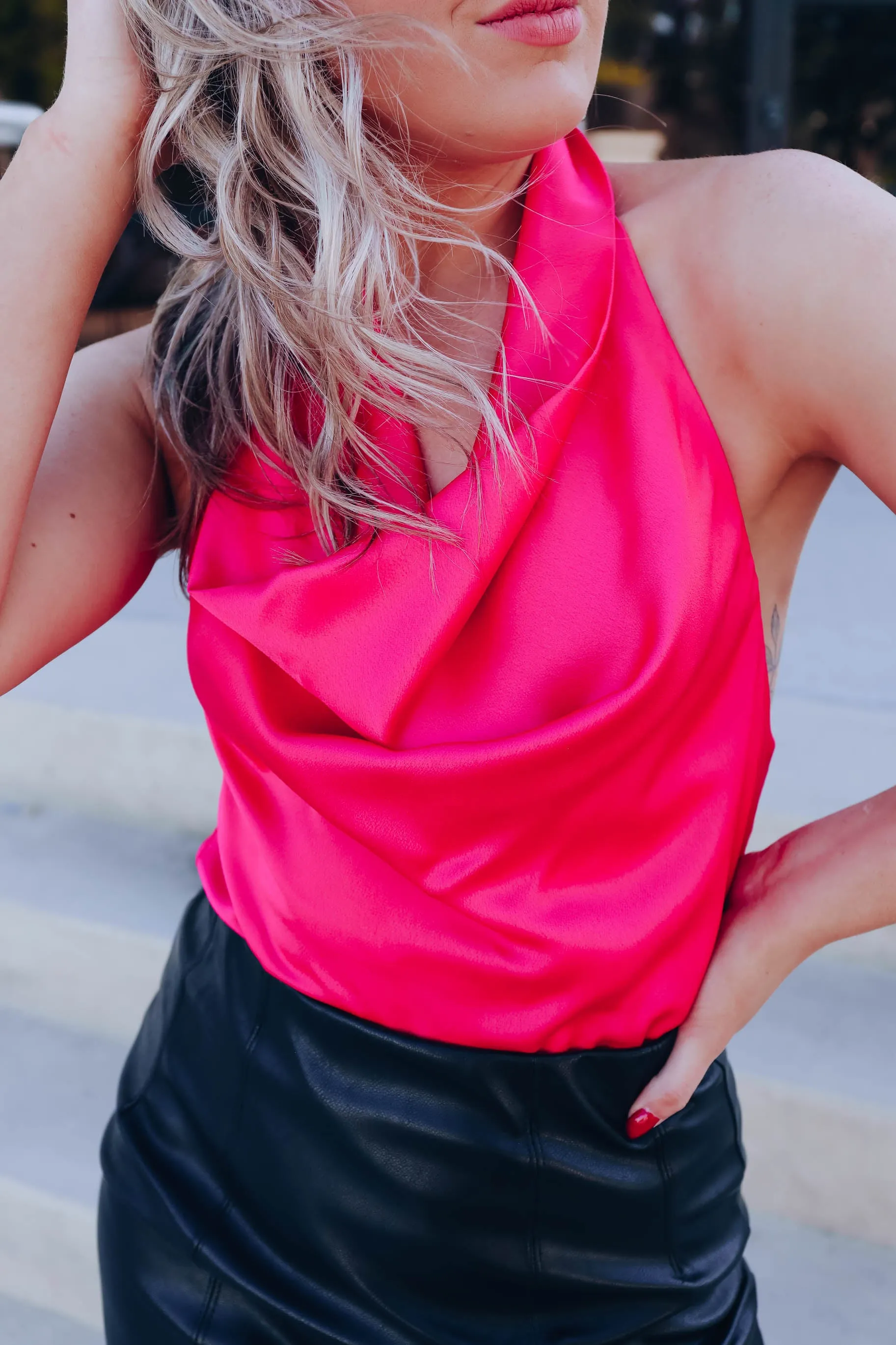 Korra Halter Cowl Neck Top - Hot Pink