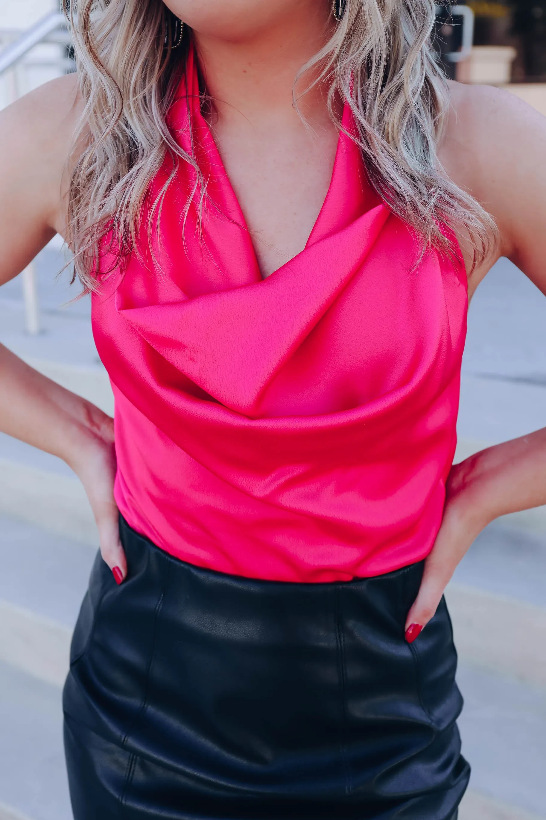 Korra Halter Cowl Neck Top - Hot Pink