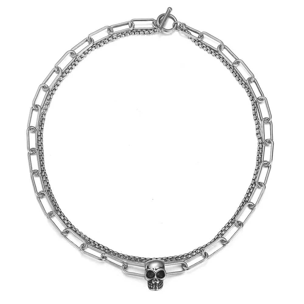 Layered Look Choker Chain Necklace With Skull