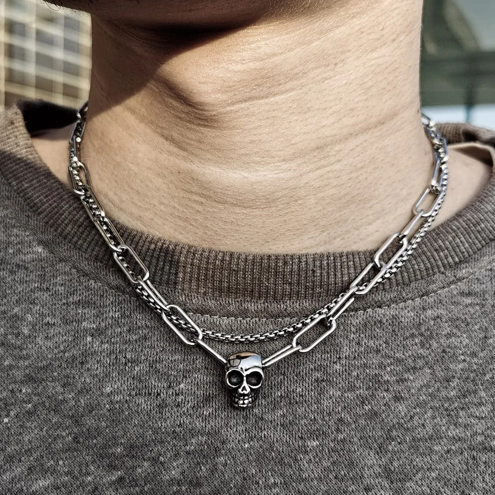 Layered Look Choker Chain Necklace With Skull