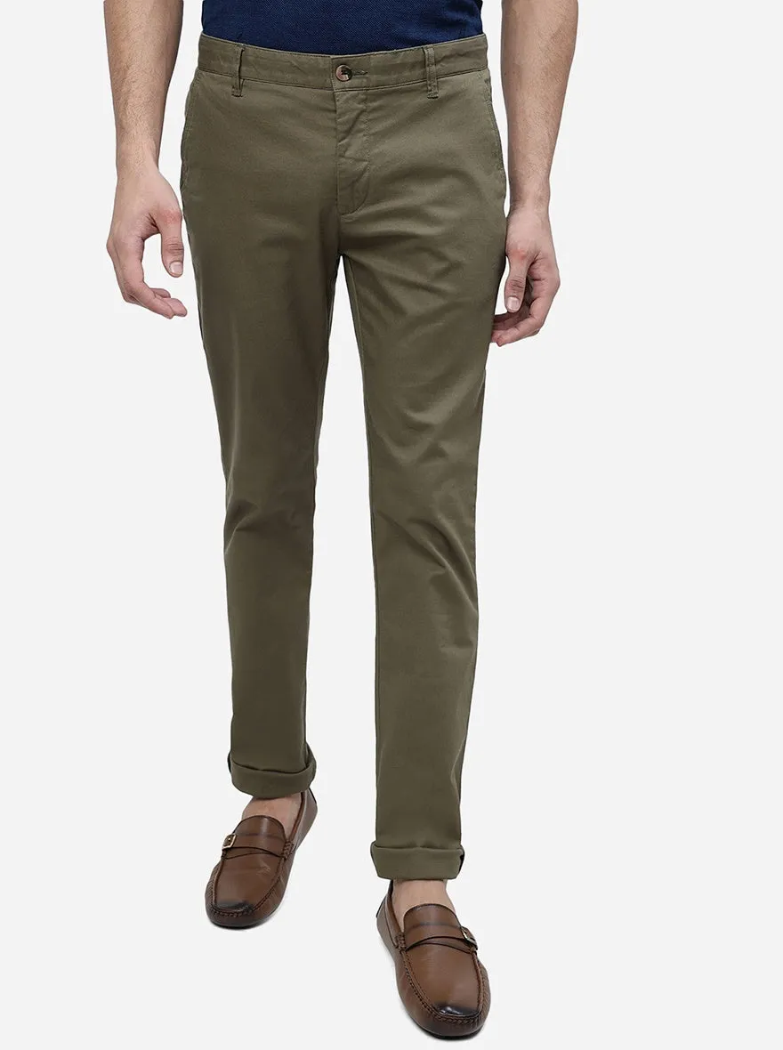 Light Olive Solid Super Slim Fit Casual Trouser | Greenfibre