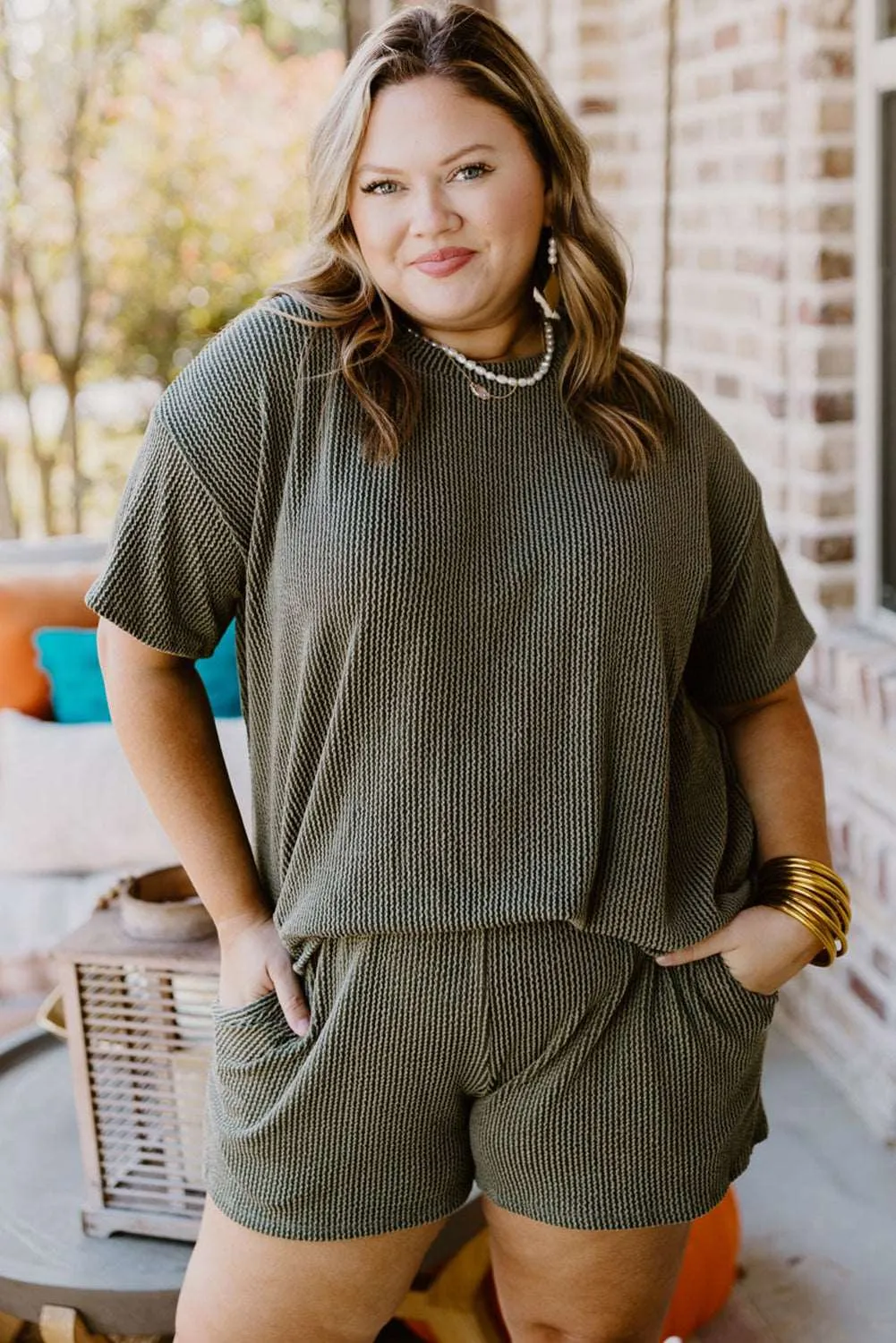 Moss Green Plus Size Rib Knit Short Sleeve Top and Shorts Set