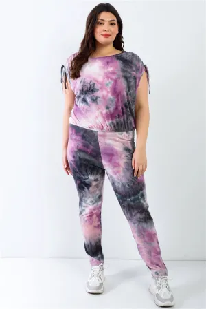 Plus Purple & Black Tie-dye Ruched Shoulder Detail Top & Pants Set