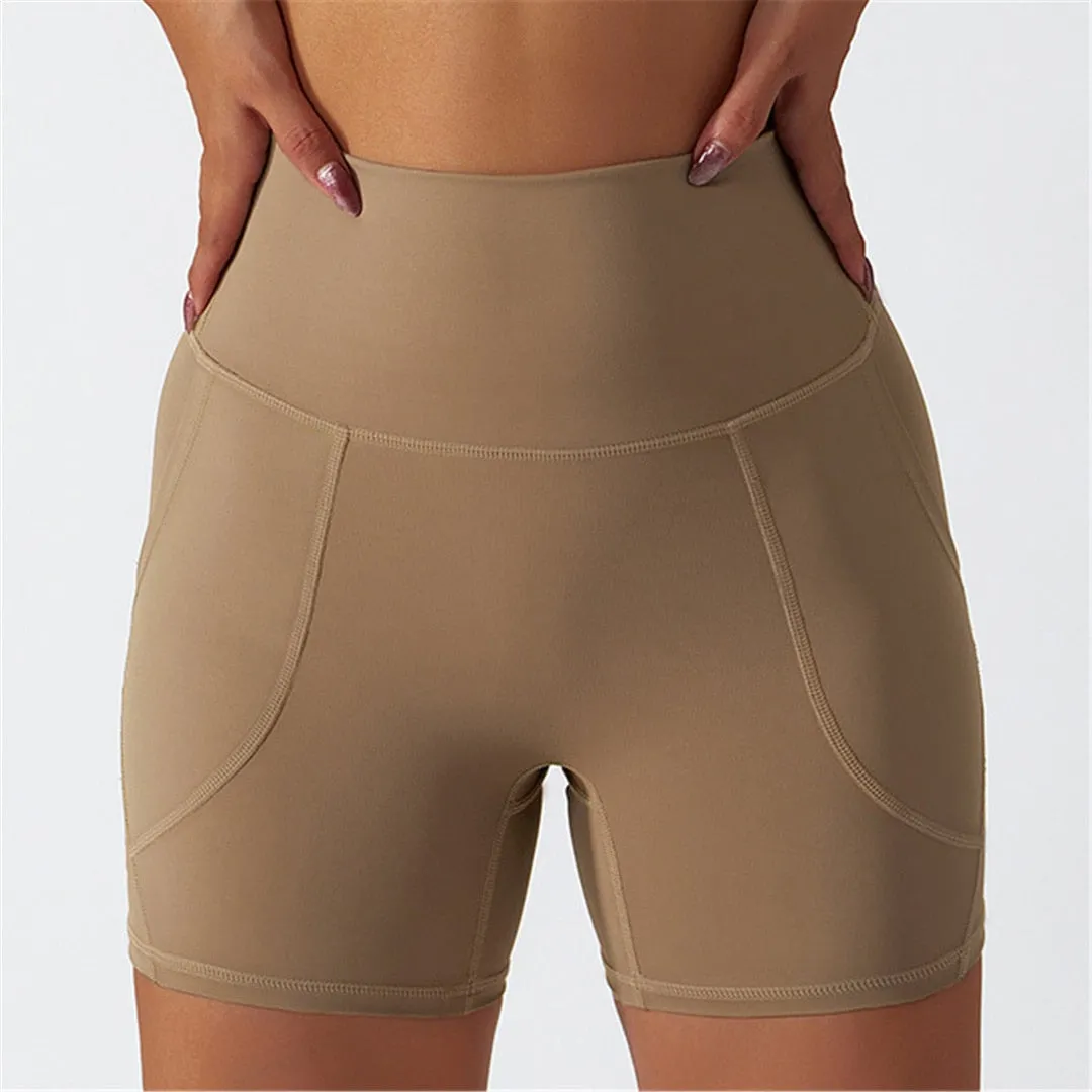 S - XL Seamless Shorts With Pocket Yoga Gym Sport Shorts Butt Lift High Waist Shorts For Women Breathable Fitness Clothing A086S