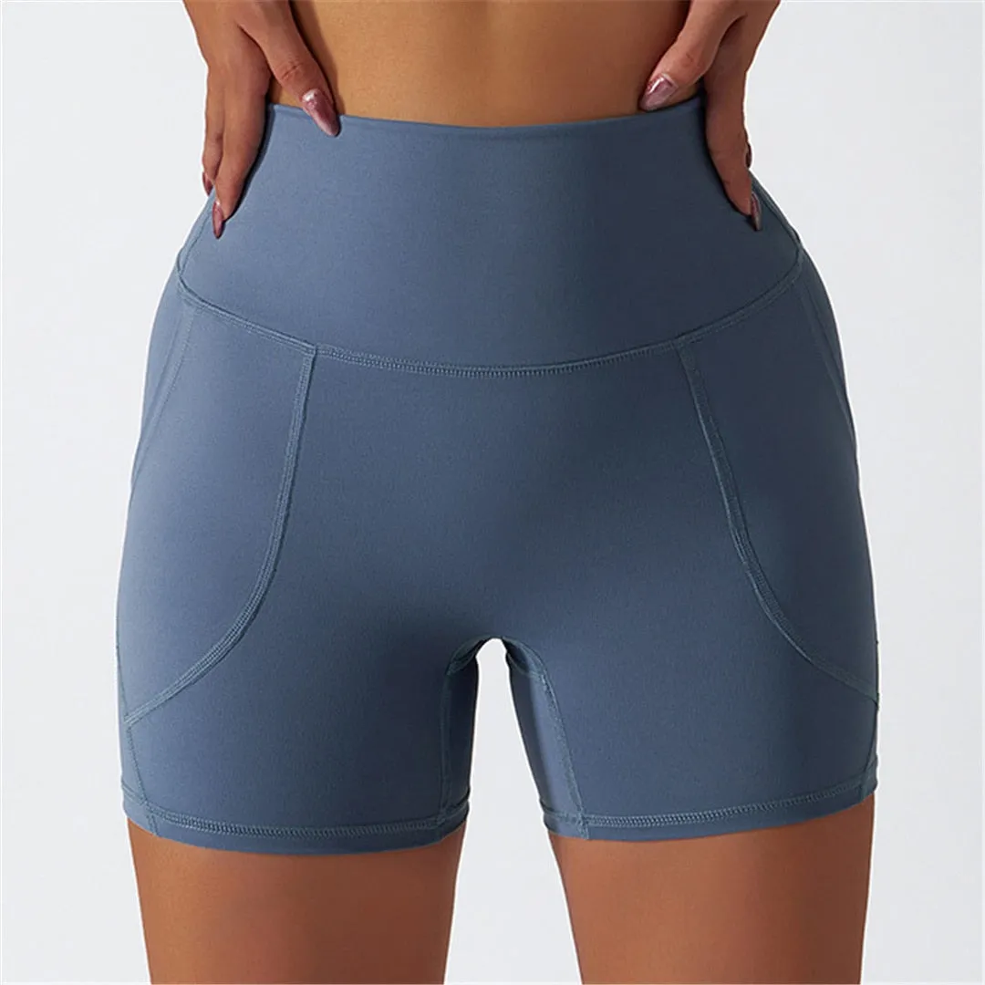 S - XL Seamless Shorts With Pocket Yoga Gym Sport Shorts Butt Lift High Waist Shorts For Women Breathable Fitness Clothing A086S