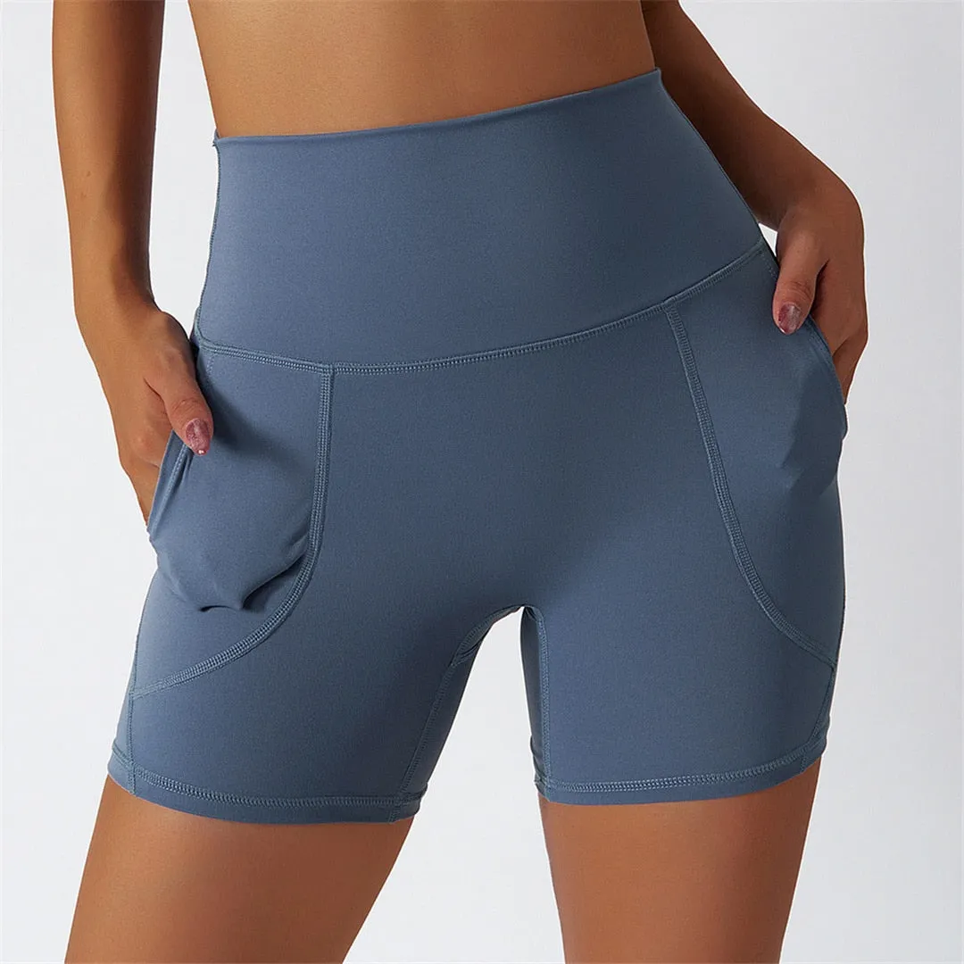 S - XL Seamless Shorts With Pocket Yoga Gym Sport Shorts Butt Lift High Waist Shorts For Women Breathable Fitness Clothing A086S