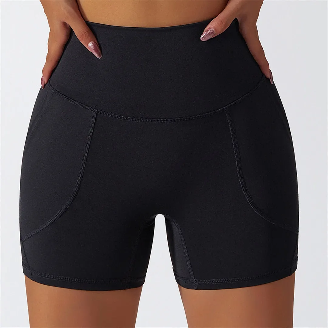 S - XL Seamless Shorts With Pocket Yoga Gym Sport Shorts Butt Lift High Waist Shorts For Women Breathable Fitness Clothing A086S