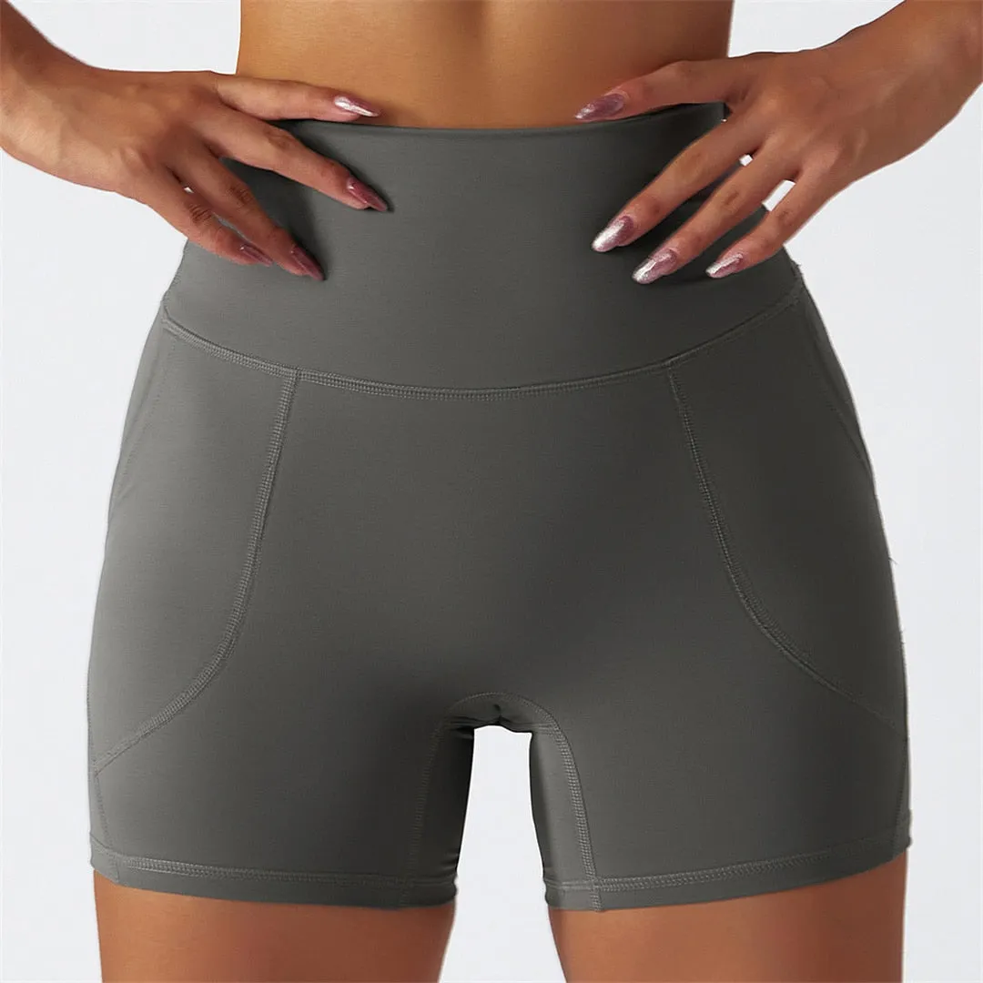 S - XL Seamless Shorts With Pocket Yoga Gym Sport Shorts Butt Lift High Waist Shorts For Women Breathable Fitness Clothing A086S