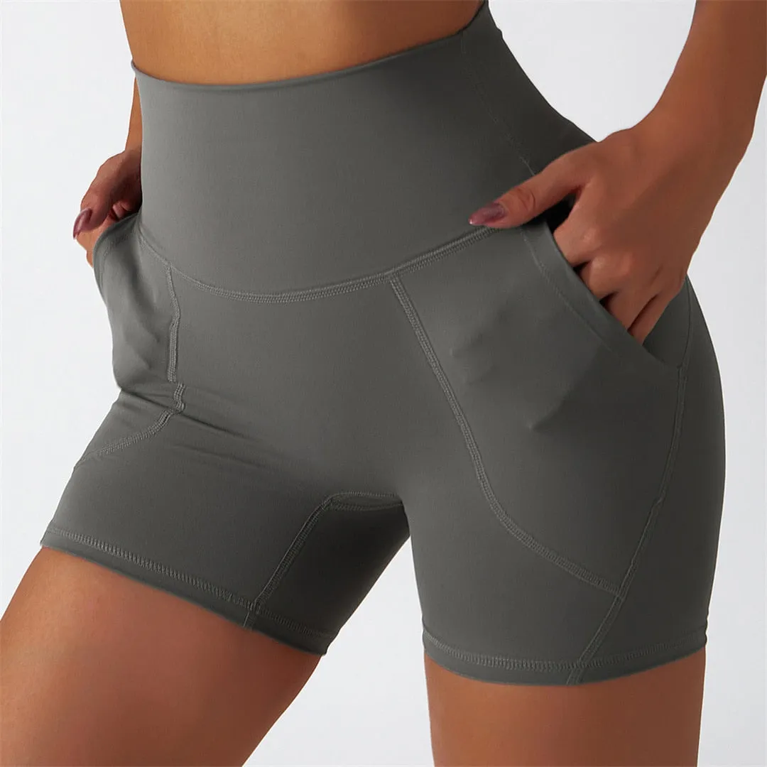 S - XL Seamless Shorts With Pocket Yoga Gym Sport Shorts Butt Lift High Waist Shorts For Women Breathable Fitness Clothing A086S