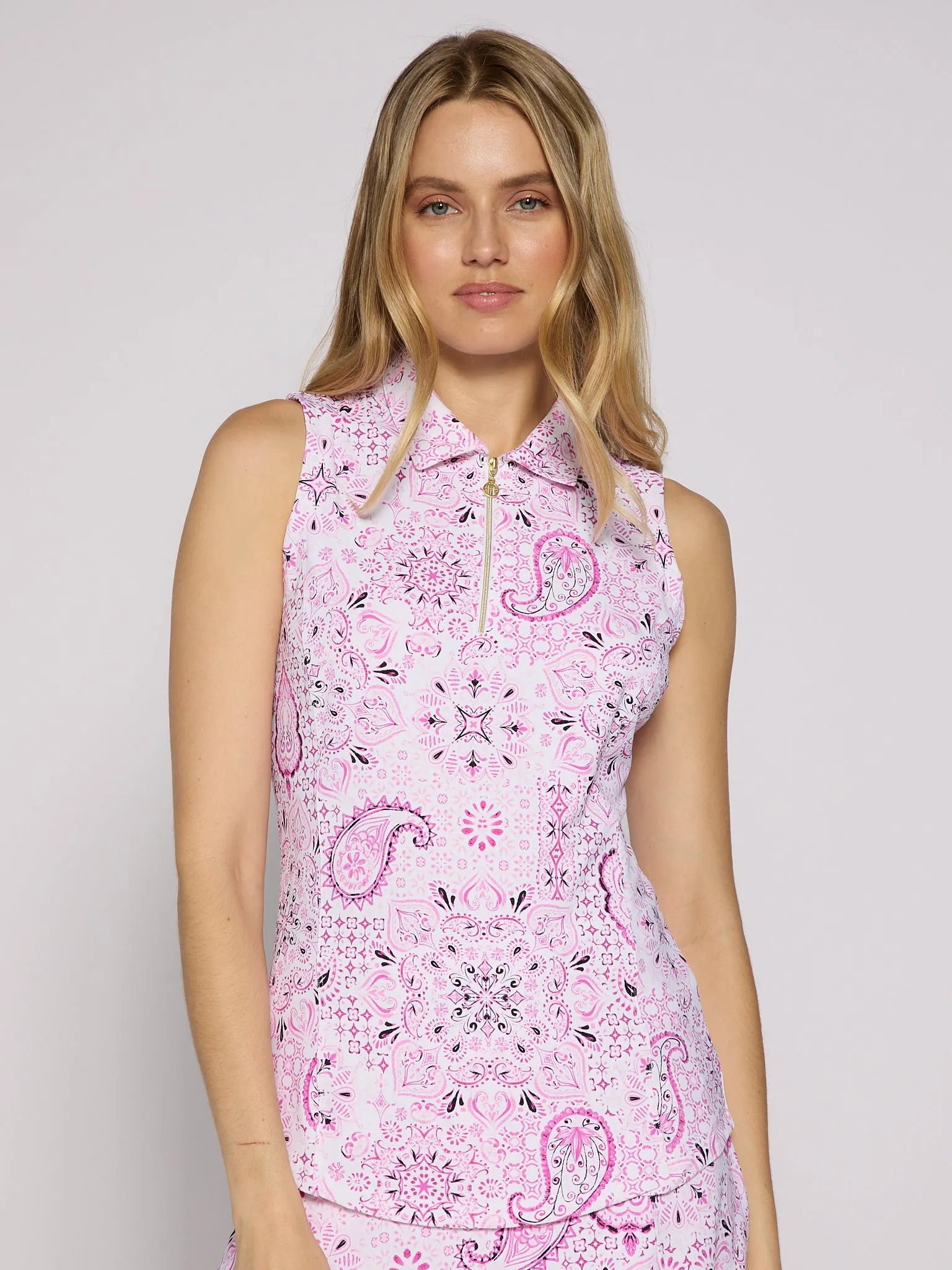 Sleeveless Zip Polo in Pink Paisley