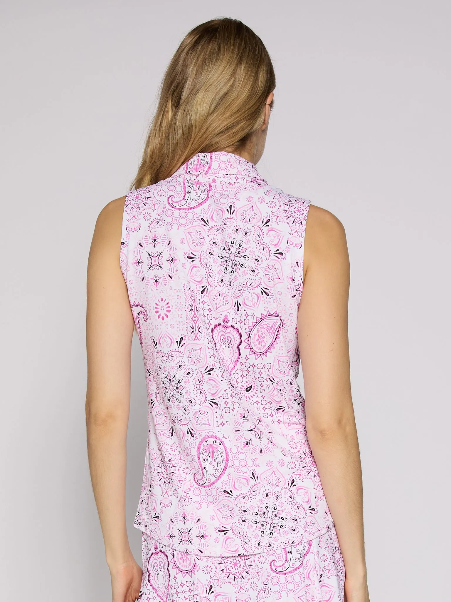 Sleeveless Zip Polo in Pink Paisley