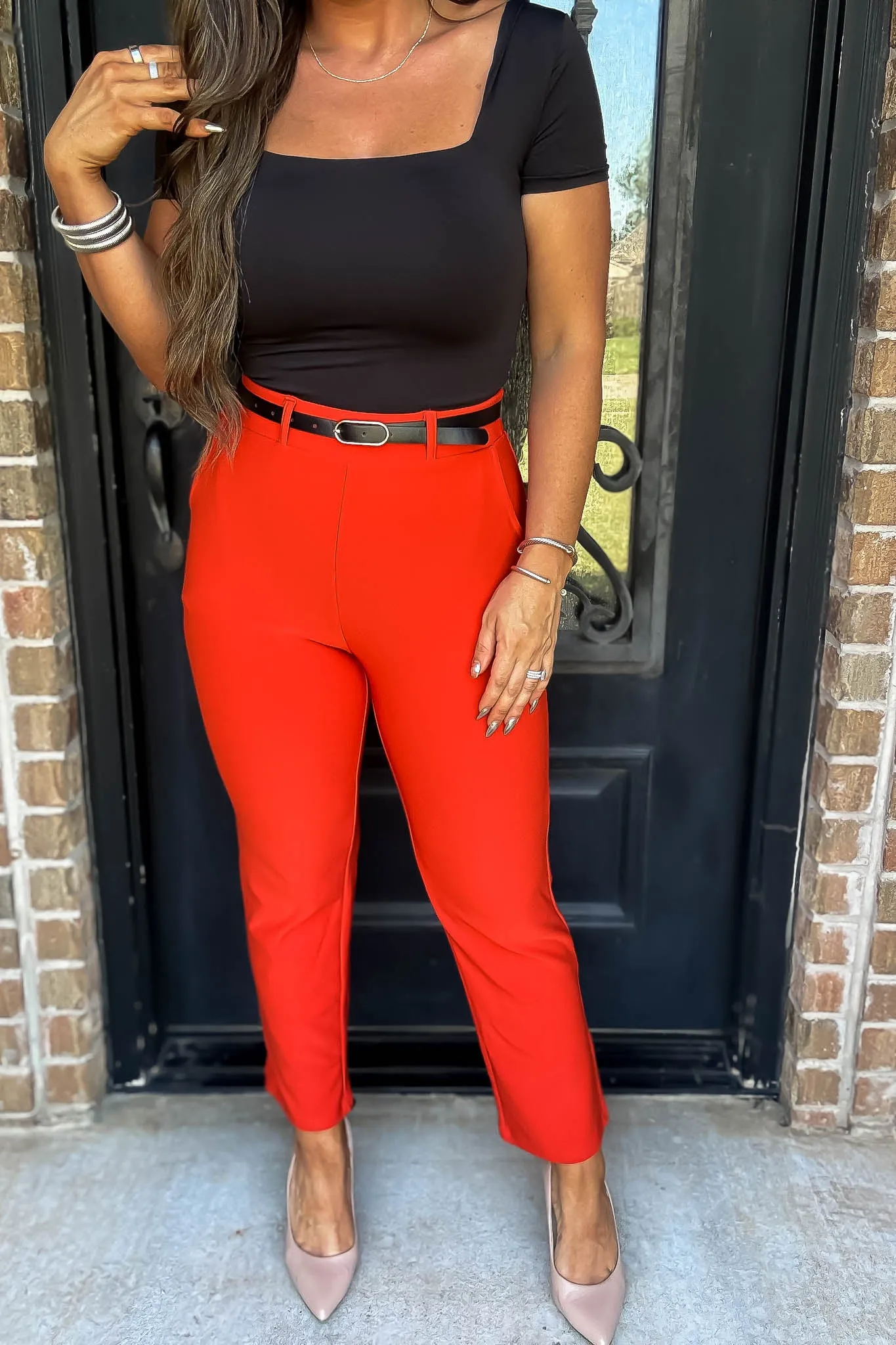 Stretchy Flaming Red Belted Side Pocket Straight Pants