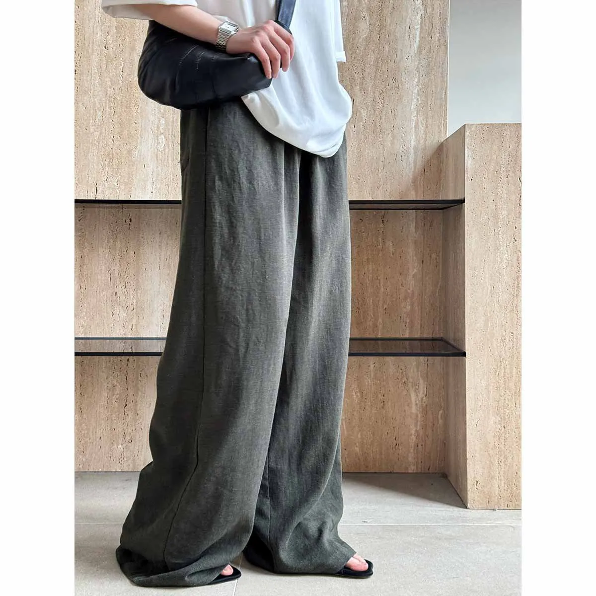 Summer Linen Drawstring Wide Leg Pants Women Japanese Yamamoto Relaxed Feeling Lightweight Breathable Mop Trousers