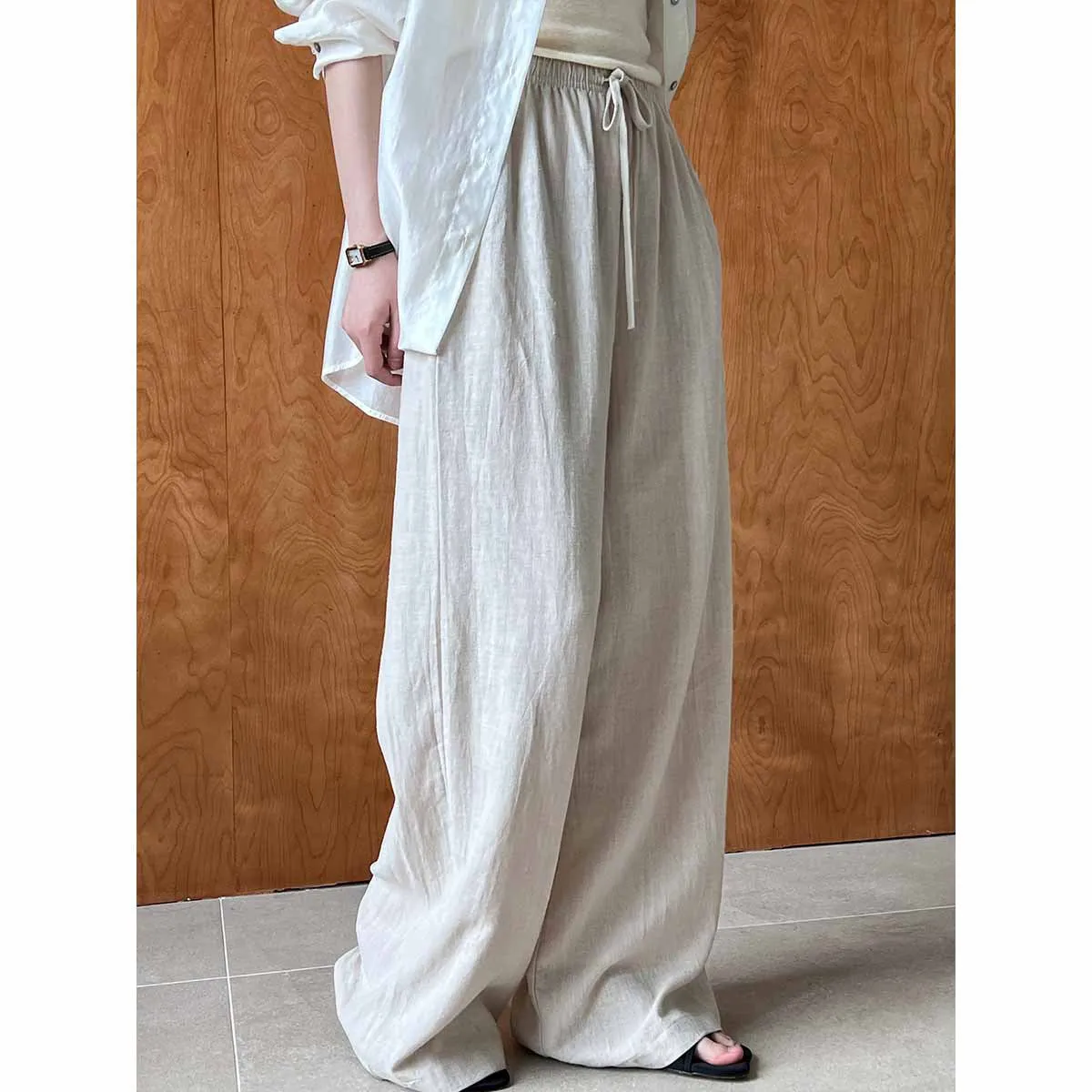 Summer Linen Drawstring Wide Leg Pants Women Japanese Yamamoto Relaxed Feeling Lightweight Breathable Mop Trousers