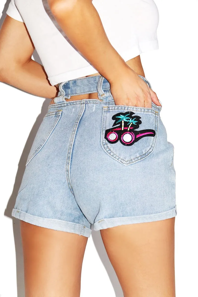 Sunset High Rise Cutout Denim Shorts- Blue