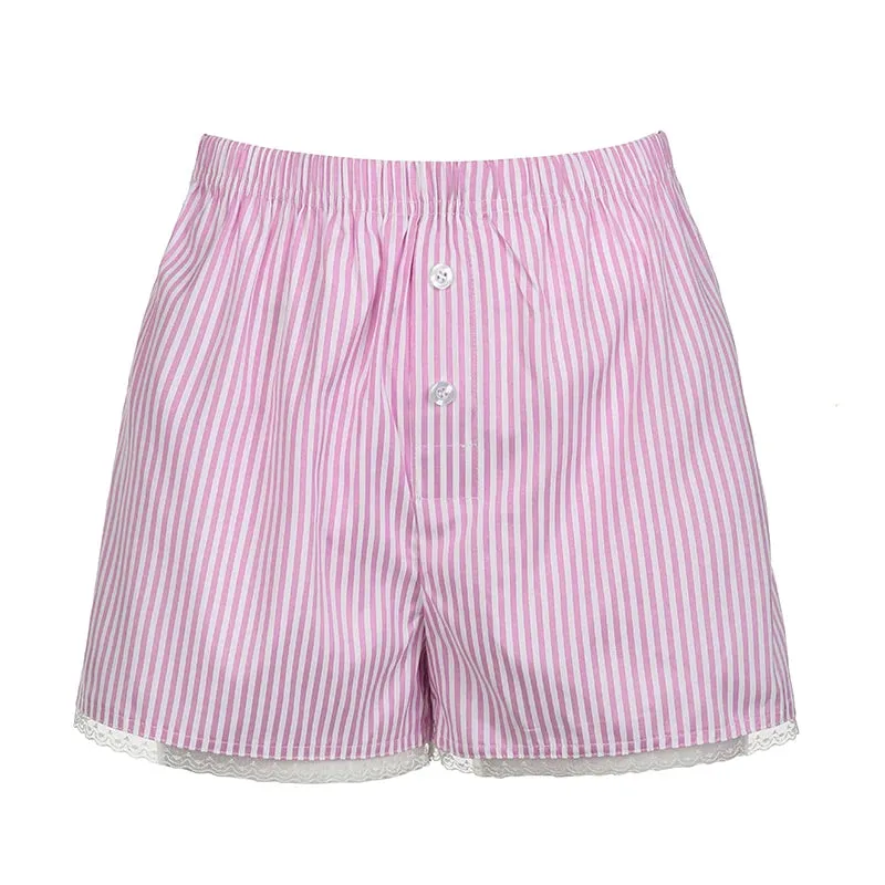 Sweet Casual Pink Stripe Summer Shorts Women Hottie Buttons Lace Trim Korean Homewear Hotpants Short Basic Holidays