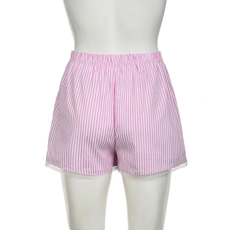 Sweet Casual Pink Stripe Summer Shorts Women Hottie Buttons Lace Trim Korean Homewear Hotpants Short Basic Holidays