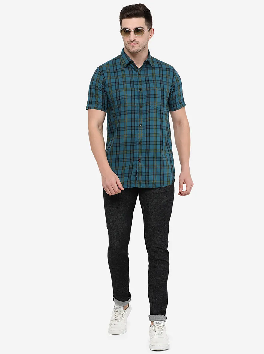 Turquoise Blue Checked Slim Fit Semi Casual Shirt | JadeBlue