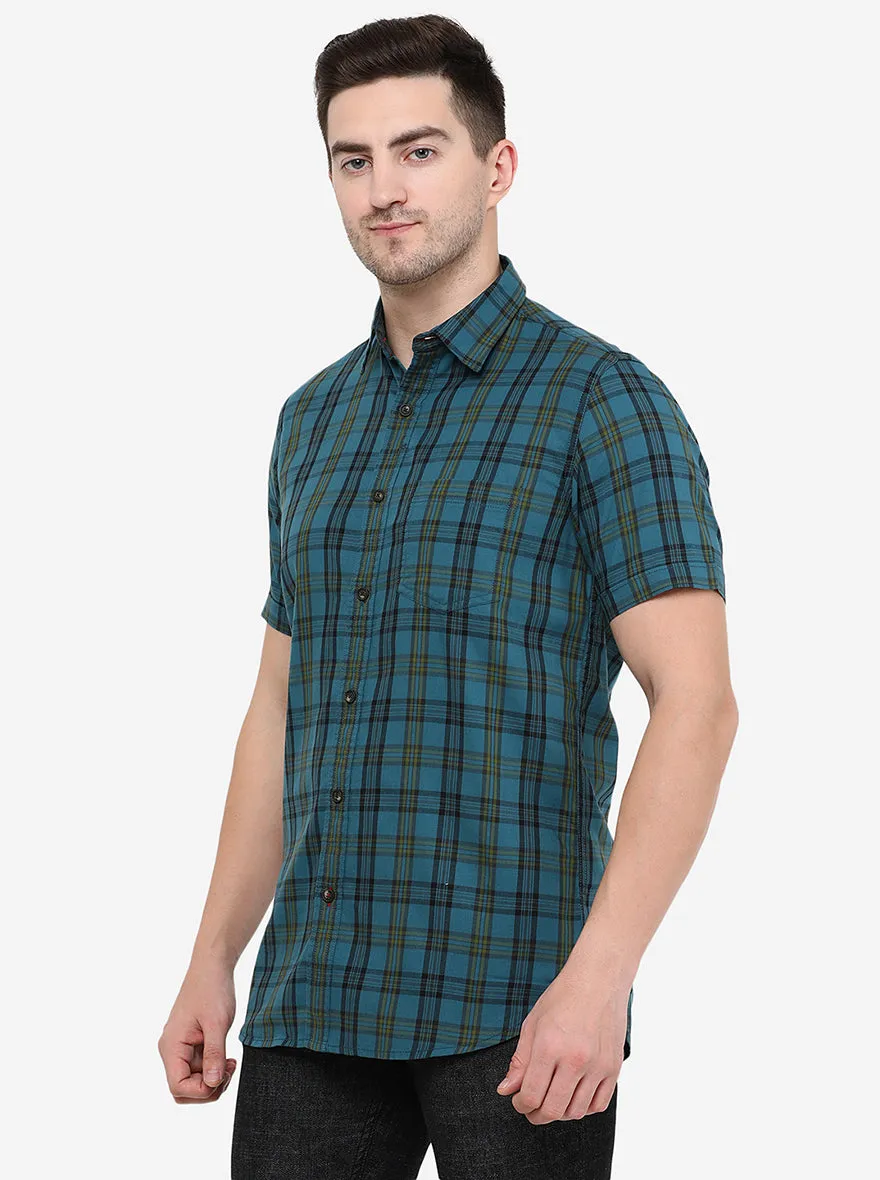 Turquoise Blue Checked Slim Fit Semi Casual Shirt | JadeBlue