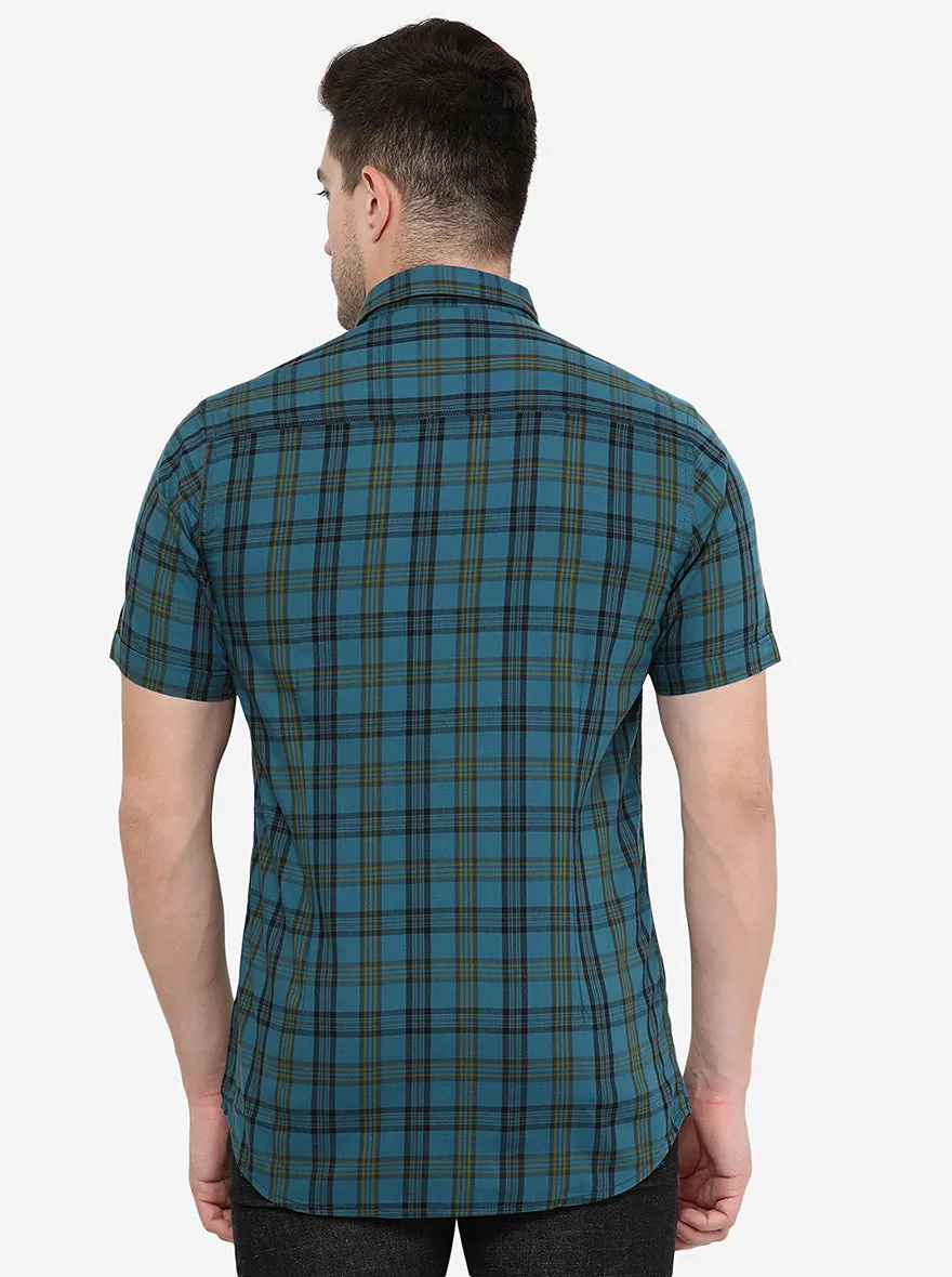 Turquoise Blue Checked Slim Fit Semi Casual Shirt | JadeBlue