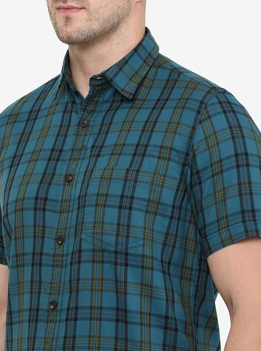 Turquoise Blue Checked Slim Fit Semi Casual Shirt | JadeBlue