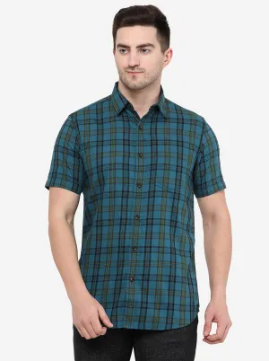 Turquoise Blue Checked Slim Fit Semi Casual Shirt | JadeBlue