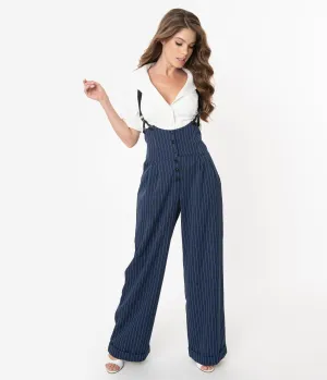 Unique Vintage 1930s Navy & White Pin Stripe Thelma Suspender Pants