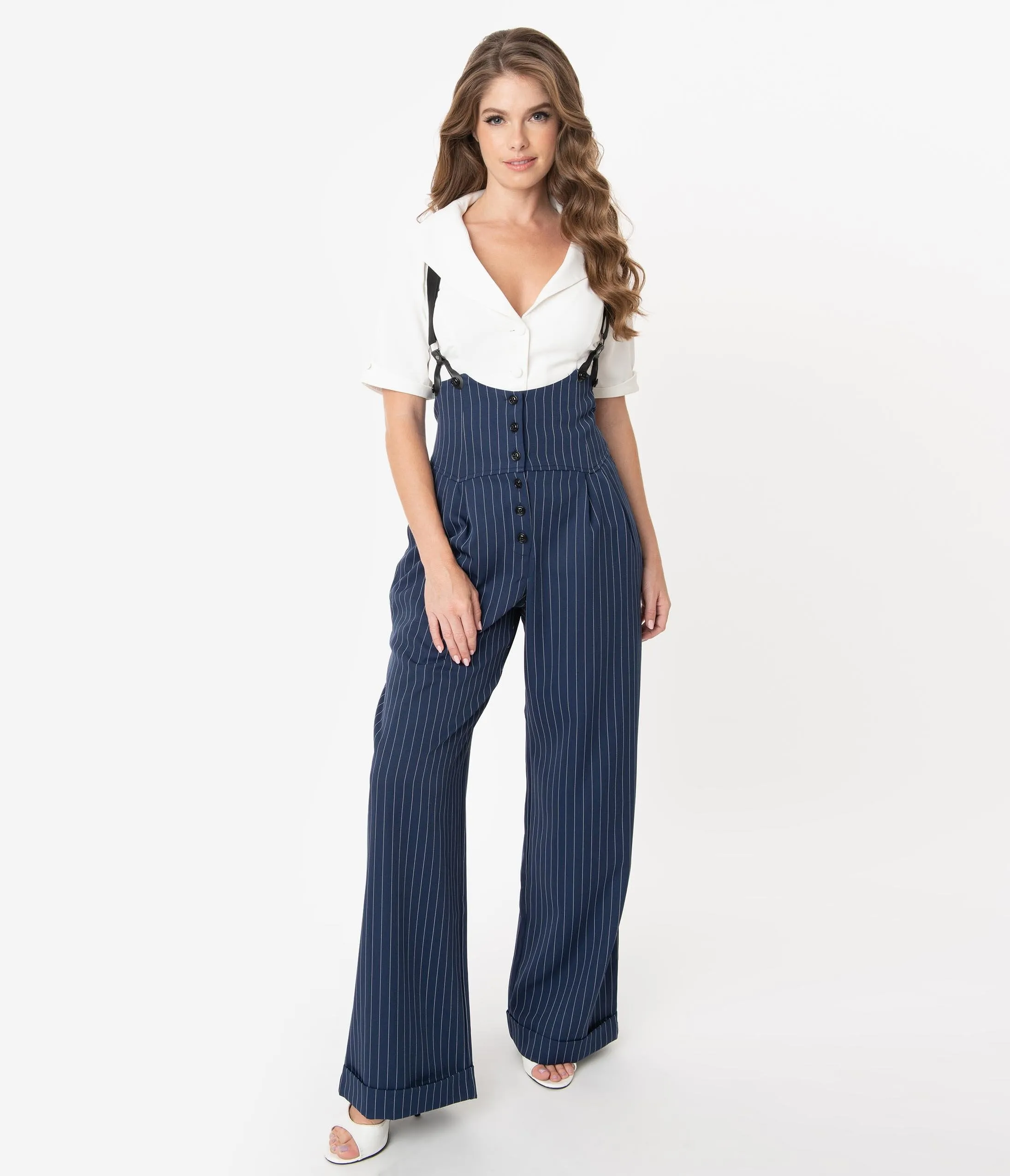 Unique Vintage 1930s Navy & White Pin Stripe Thelma Suspender Pants