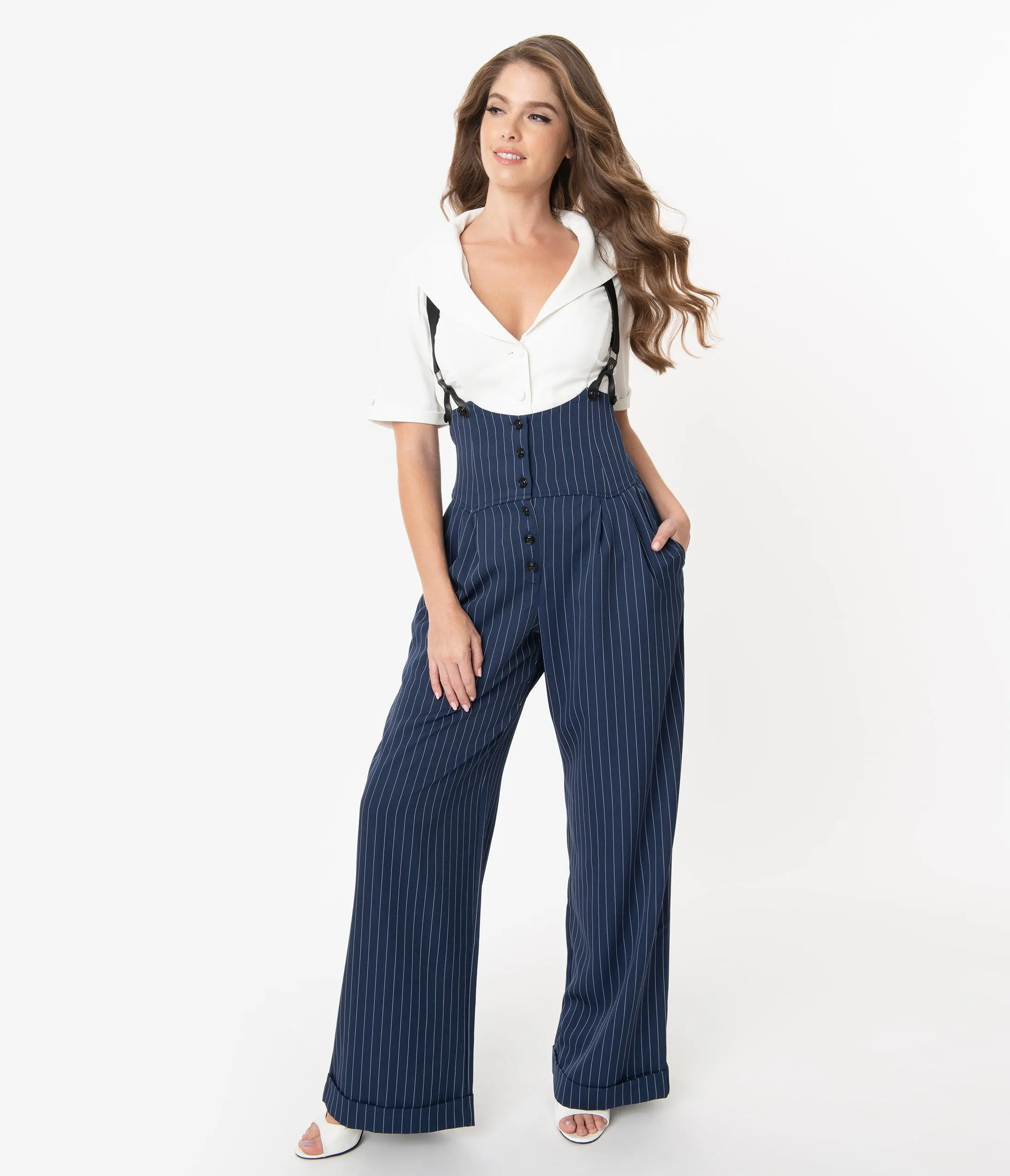 Unique Vintage 1930s Navy & White Pin Stripe Thelma Suspender Pants