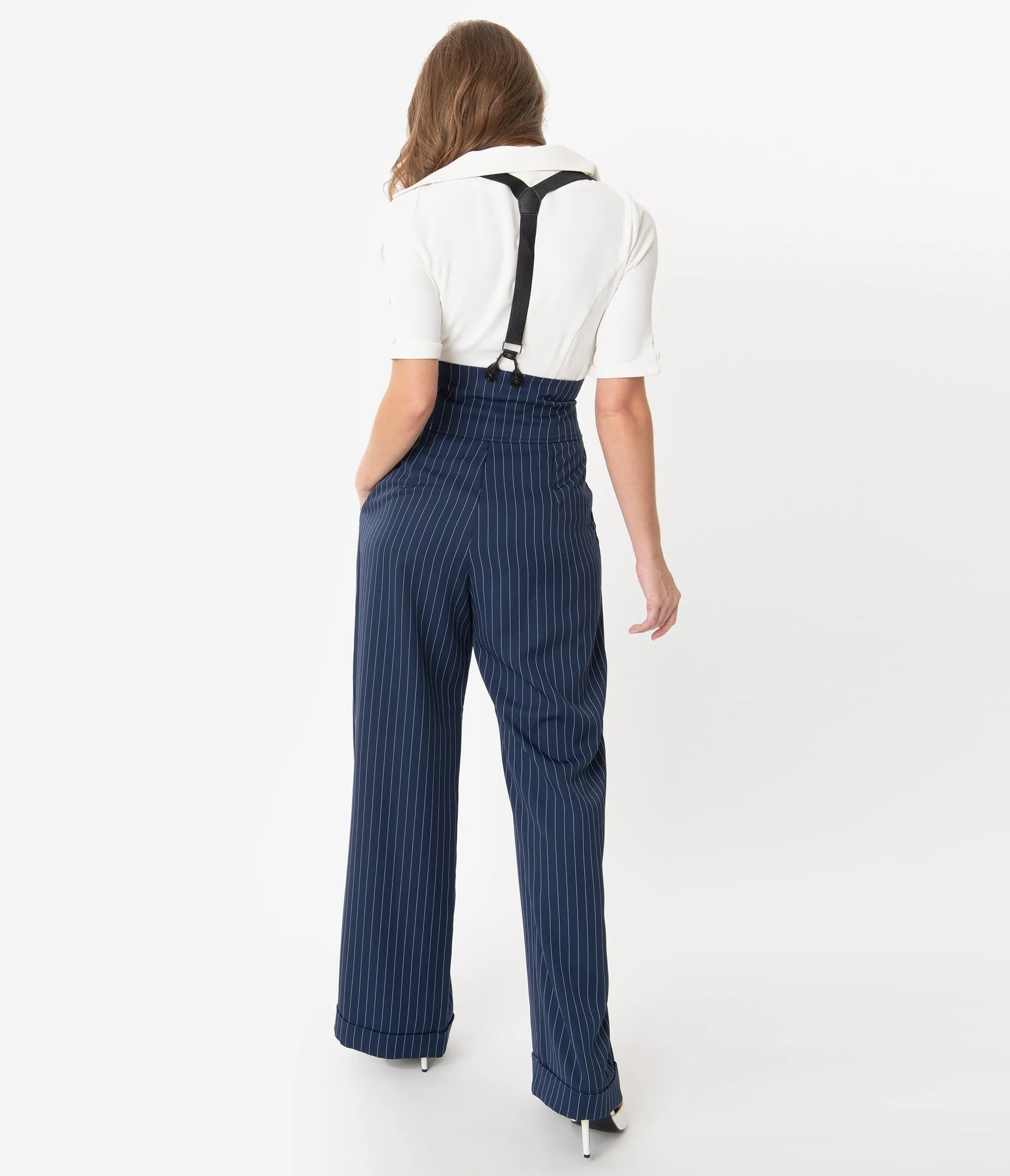 Unique Vintage 1930s Navy & White Pin Stripe Thelma Suspender Pants