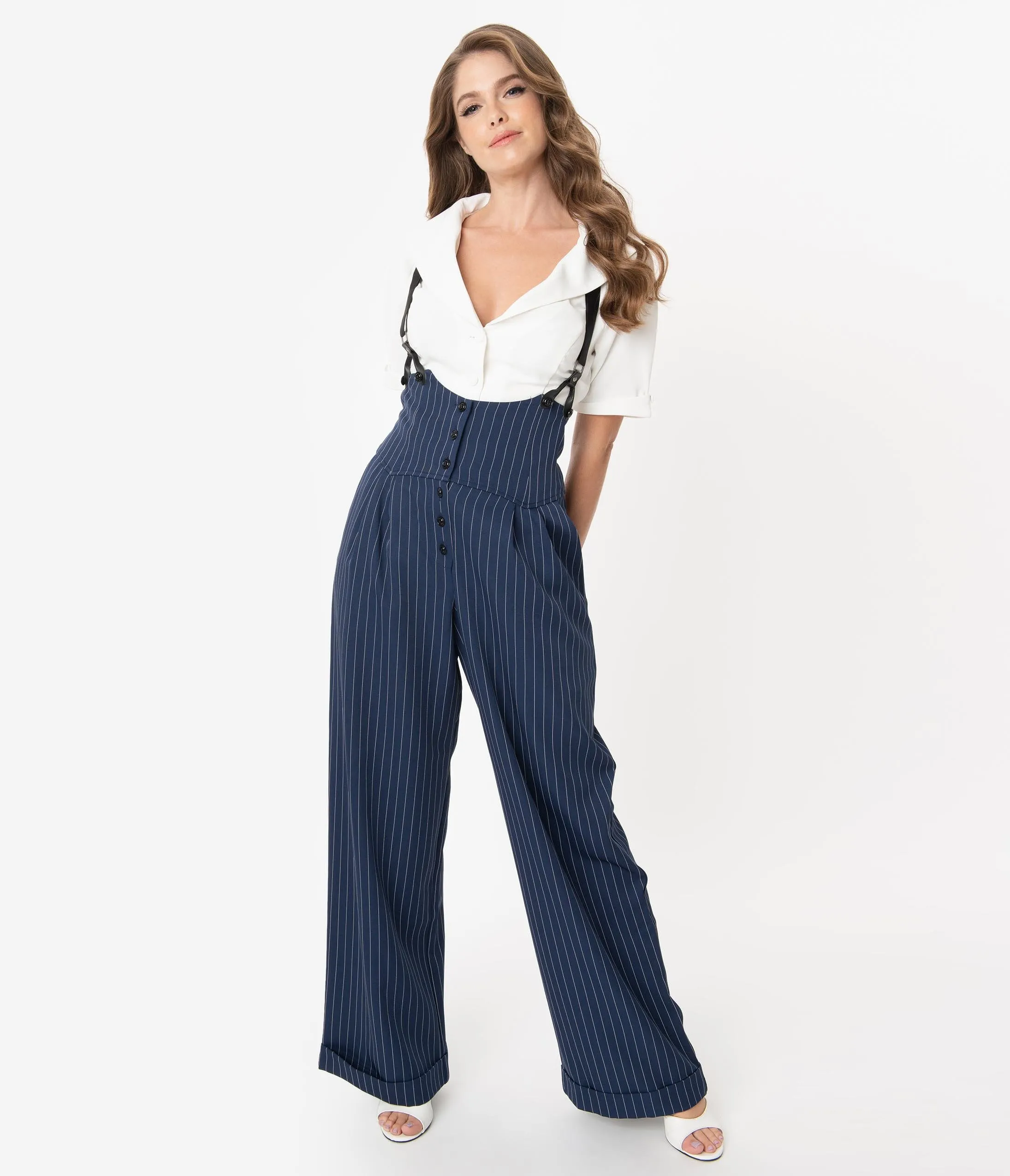 Unique Vintage 1930s Navy & White Pin Stripe Thelma Suspender Pants