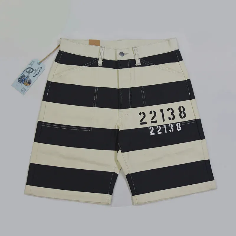 Vintage Prisoner Style Print Shorts - Motorcycle Striped Pants