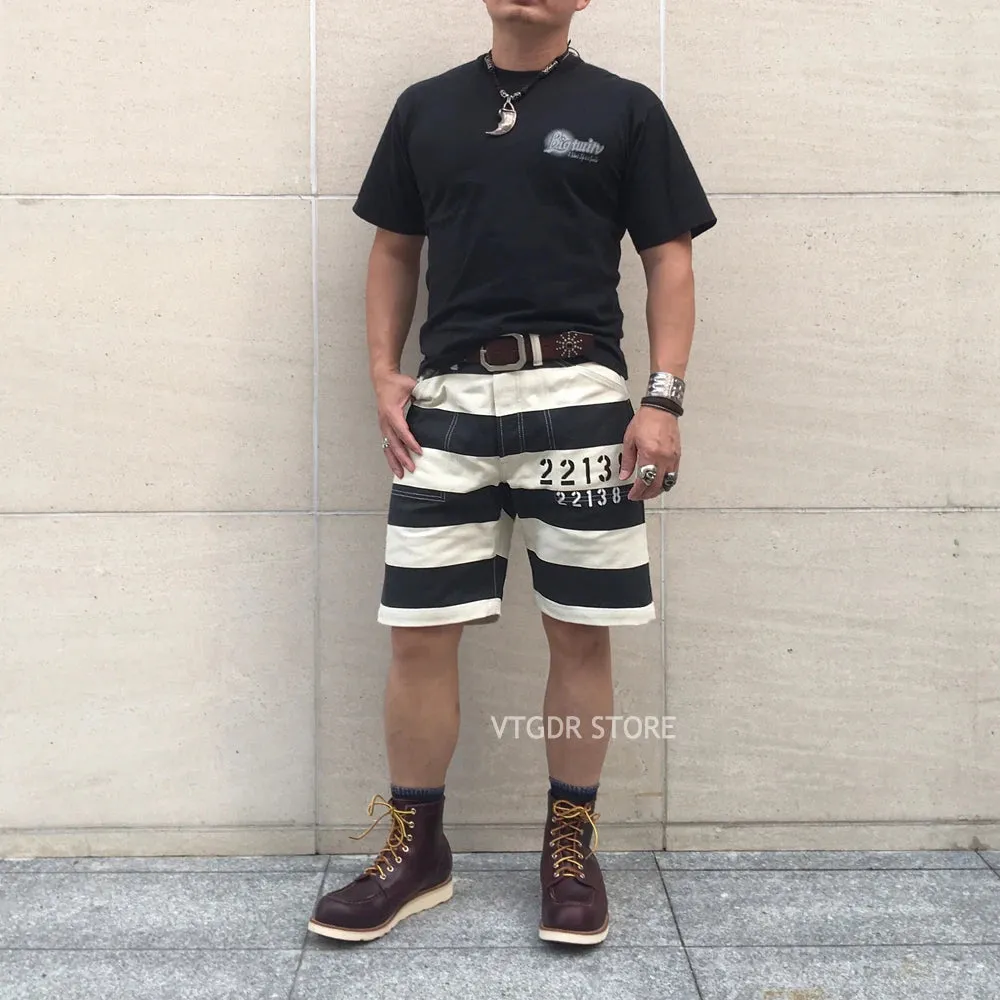 Vintage Prisoner Style Print Shorts - Motorcycle Striped Pants