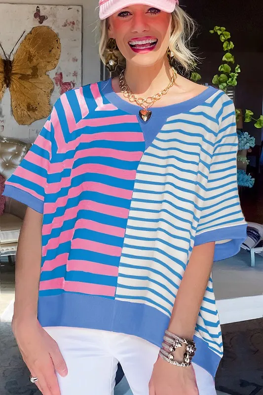 Women Stripe Contrast Patchwork Oversized T Shirt