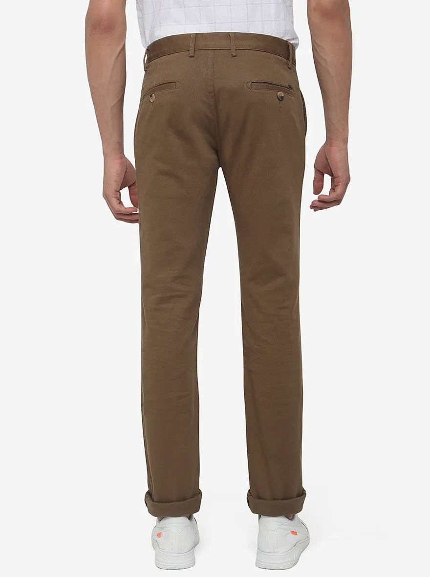 Wood Brown Solid Super Slim Fit Casual Trouser | Greenfibre