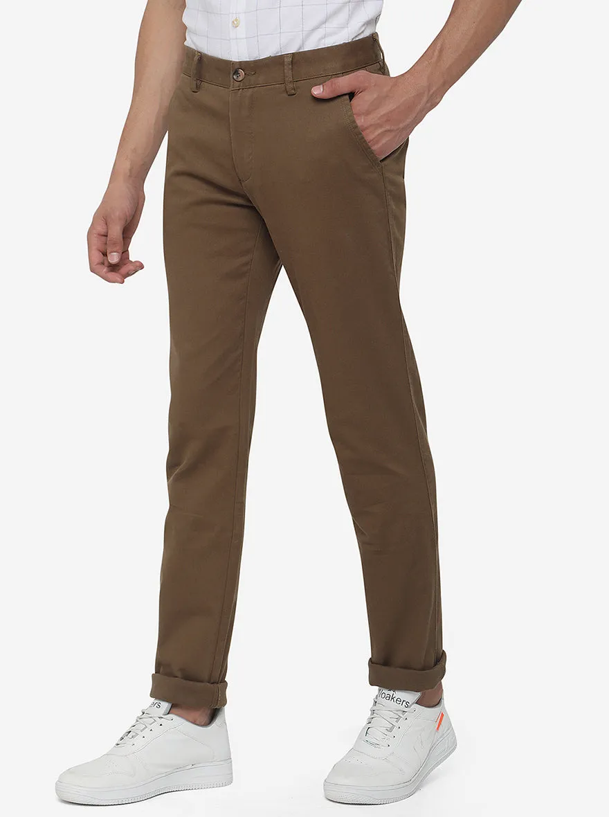 Wood Brown Solid Super Slim Fit Casual Trouser | Greenfibre